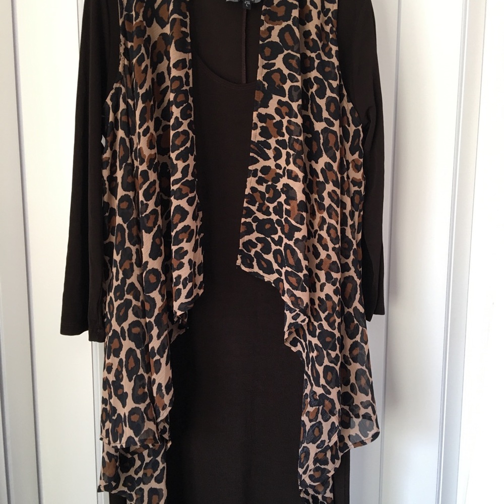 Slinky dress w/long sleeves & animal print vest.